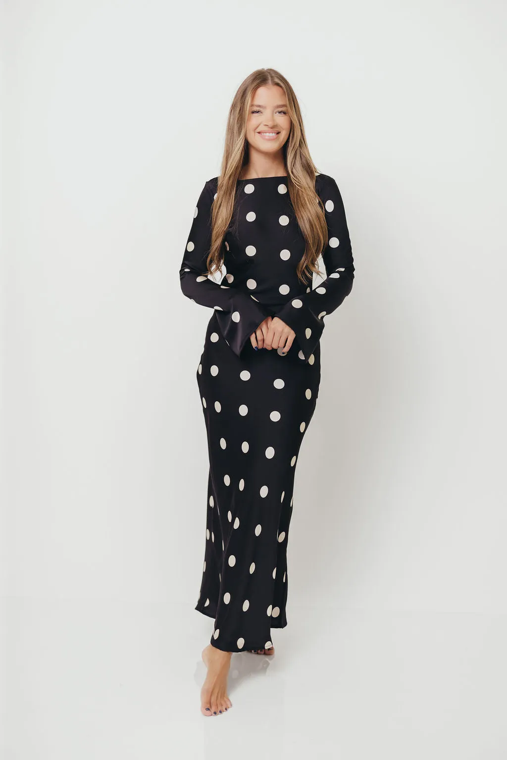 Georgie Polka Dot Maxi Dress in Black sold by Worth Collective