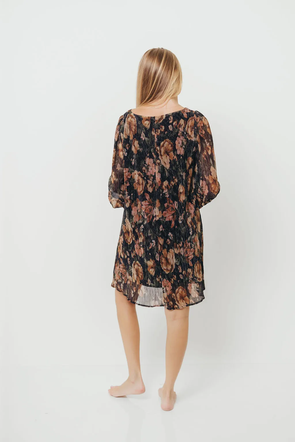 Lorraine Pleated Lurex Floral Print Mini Dress in Black sold by Worth Collective product image thumbnail 5
