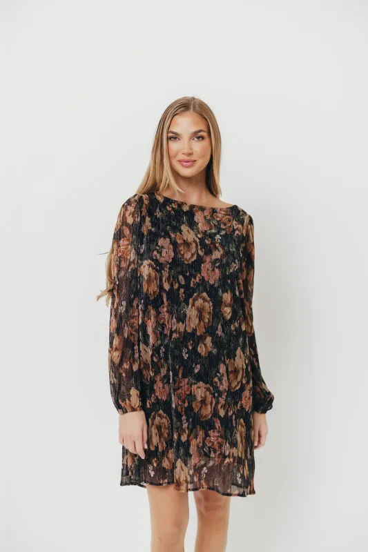 Lorraine Pleated Lurex Floral Print Mini Dress in Black sold by Worth Collective