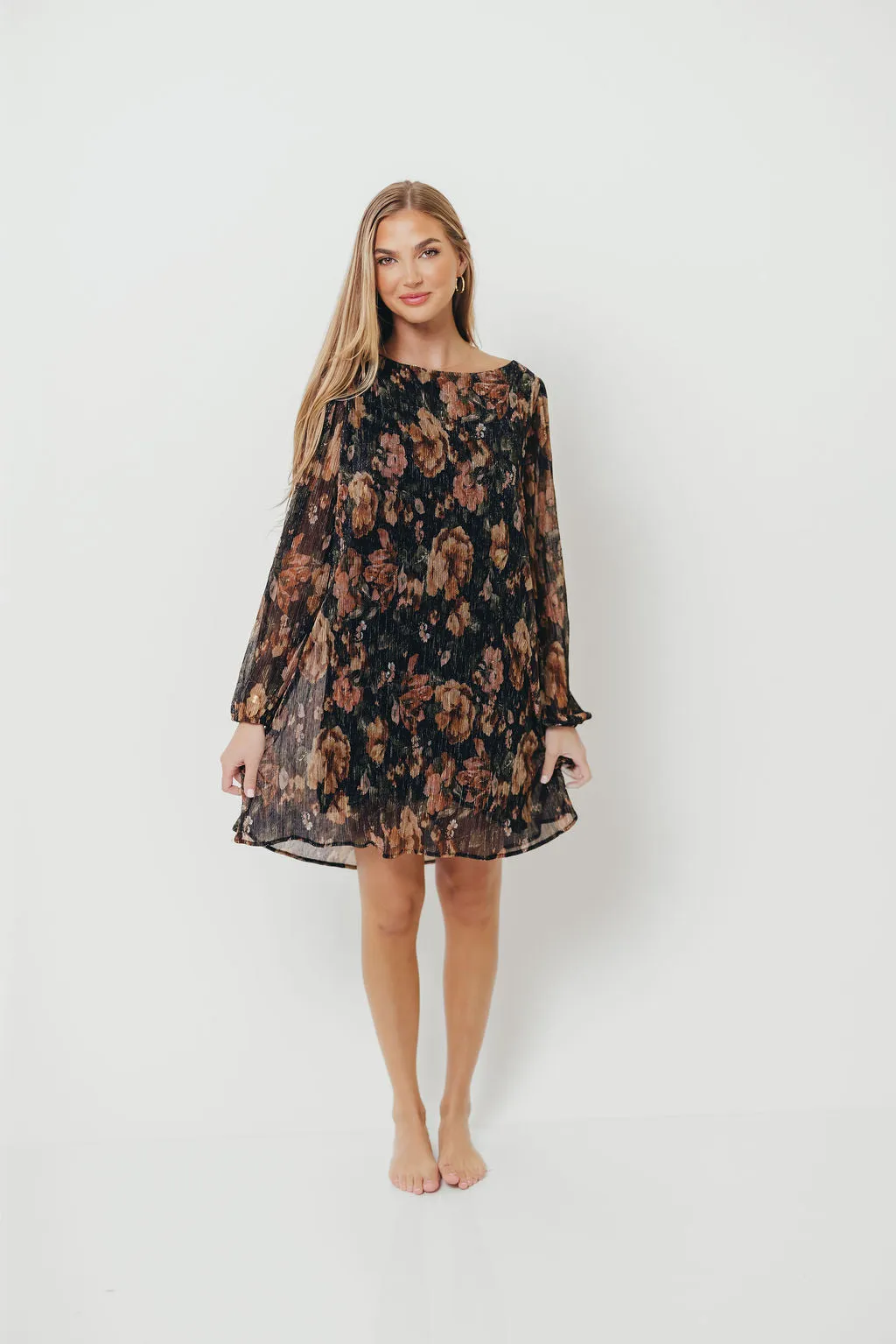 Lorraine Pleated Lurex Floral Print Mini Dress in Black sold by Worth Collective product image thumbnail 2