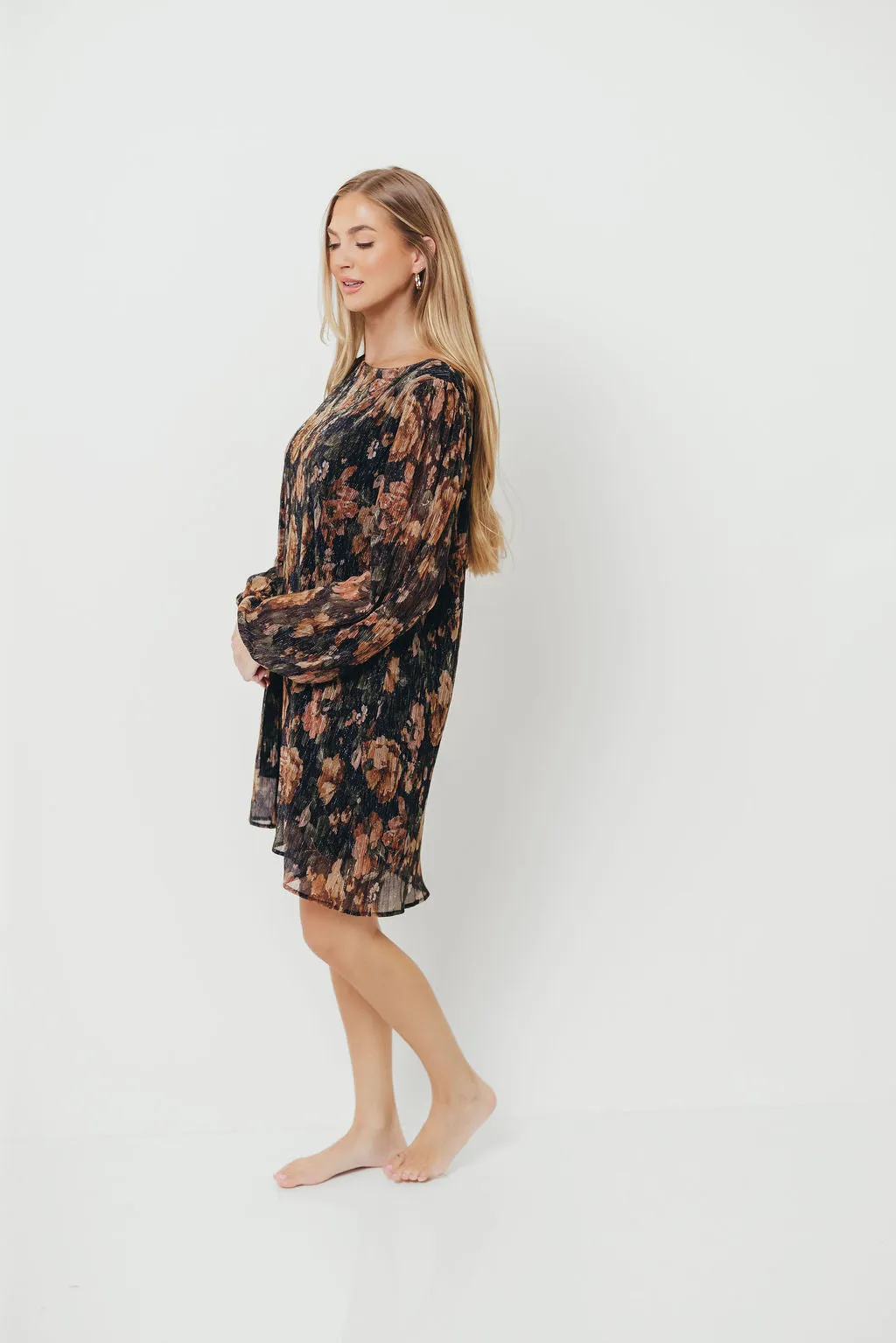 Lorraine Pleated Lurex Floral Print Mini Dress in Black sold by Worth Collective product image thumbnail 3