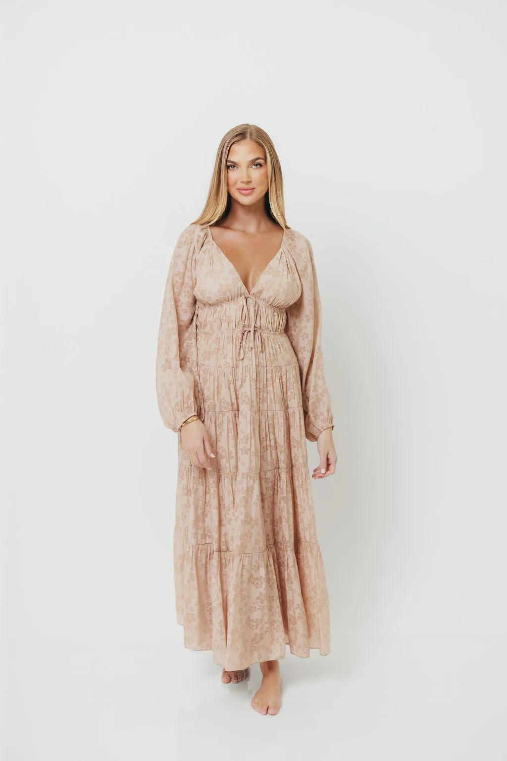 Elyse Maxi Dress in Beige Floral sold by Worth Collective