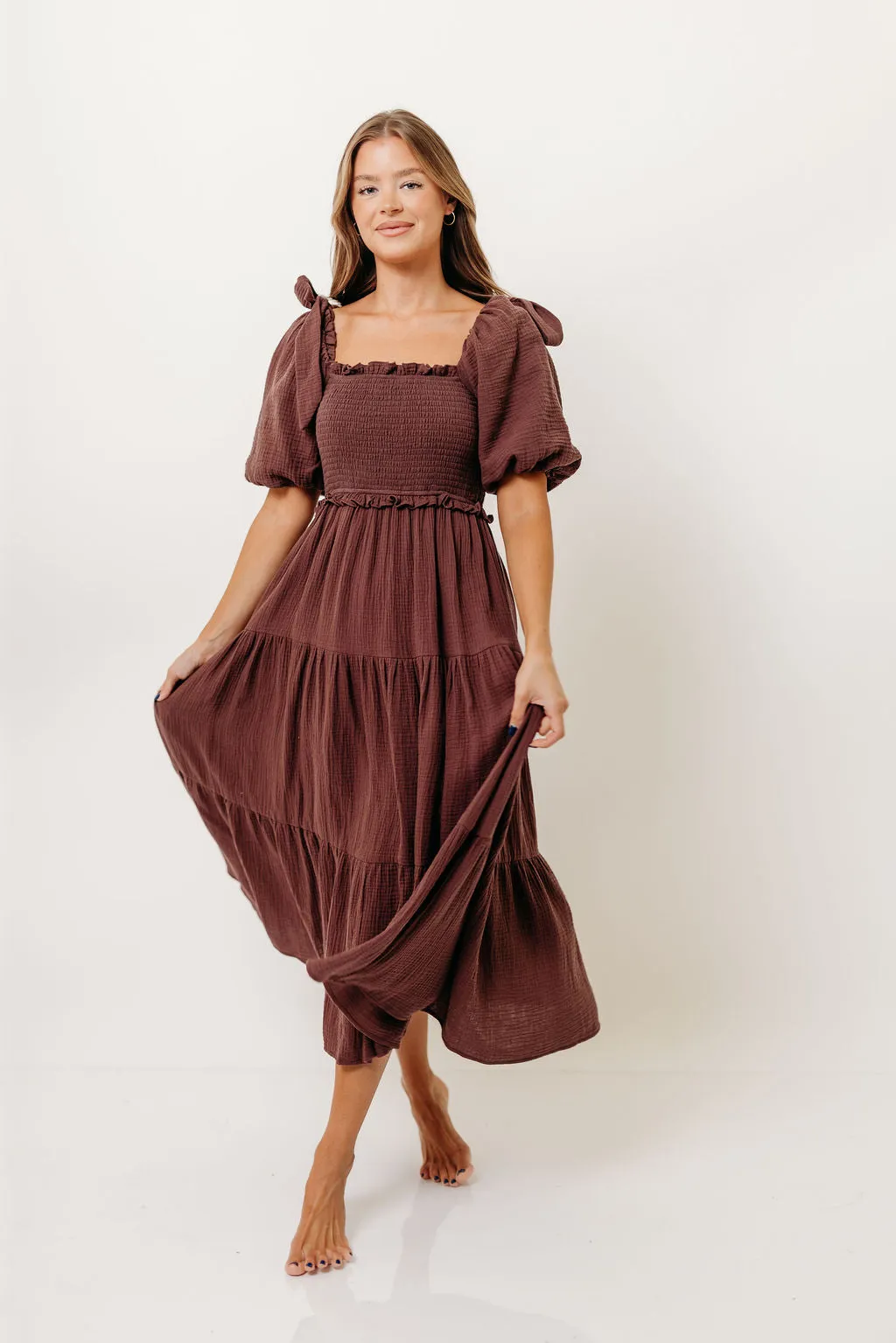 Elena 100% Cotton Midi Dress in Plum sold by Worth Collective