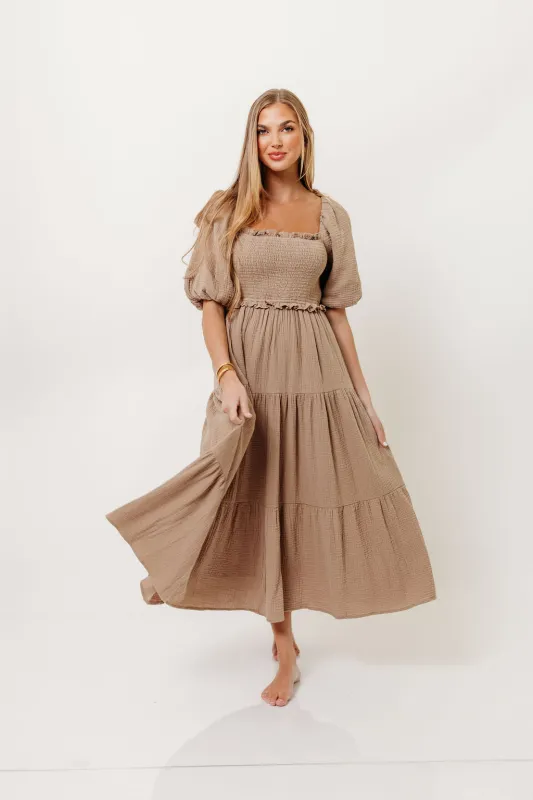 Elena 100% Cotton Midi Dress in Mocha sold by Worth Collective