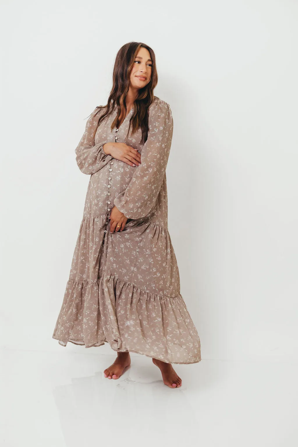 Anna Floral Print Button Front Duster Maxi W/Slip in Mocha Multi - Bump Friendly sold by Worth Collective product image thumbnail 3