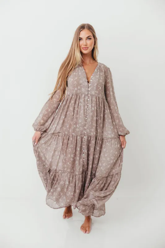 Anna Floral Print Button Front Duster Maxi W/Slip in Mocha Multi - Bump Friendly sold by Worth Collective