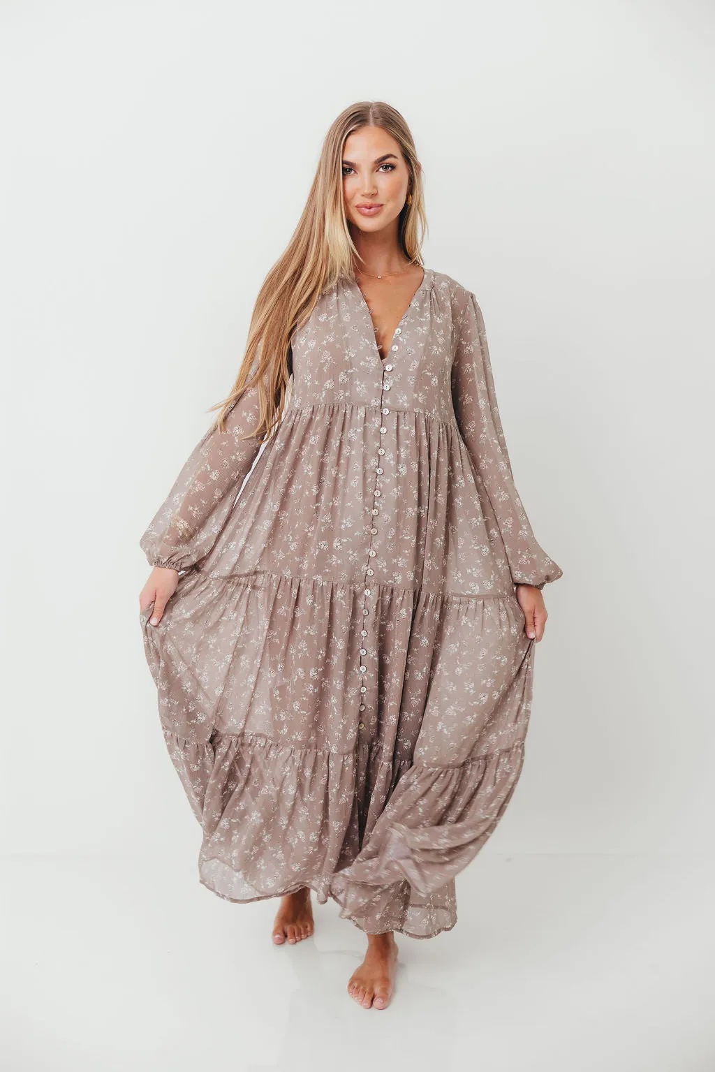 Anna Floral Print Button Front Duster Maxi W/Slip in Mocha Multi - Bump Friendly sold by Worth Collective