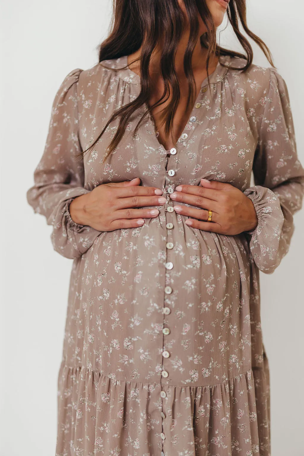 Anna Floral Print Button Front Duster Maxi W/Slip in Mocha Multi - Bump Friendly sold by Worth Collective product image thumbnail 4