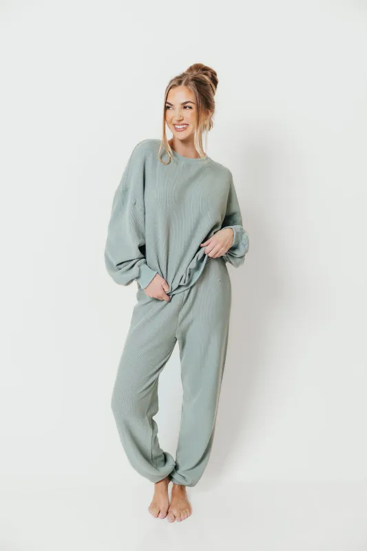 Jessie Soft Terry Waffle Sweatshirt in Sage Green sold by Worth Collective