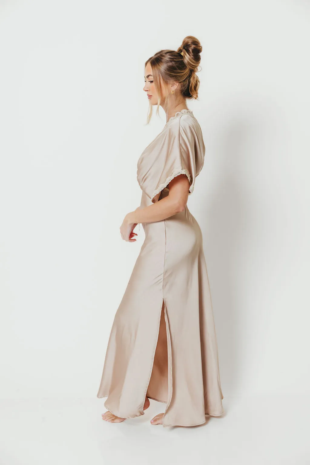 Margot Dull Satin Lace Blouson Maxi Dress in Champagne sold by Worth Collective product image thumbnail 2