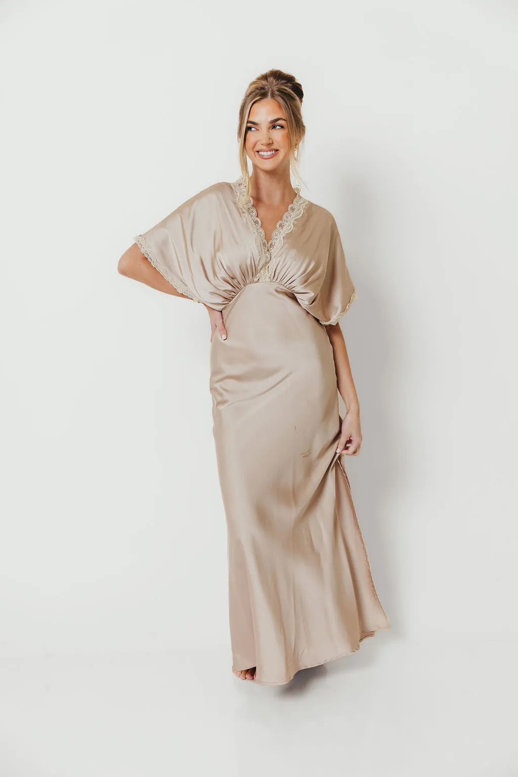 Margot Dull Satin Lace Blouson Maxi Dress in Champagne sold by Worth Collective product image thumbnail 3
