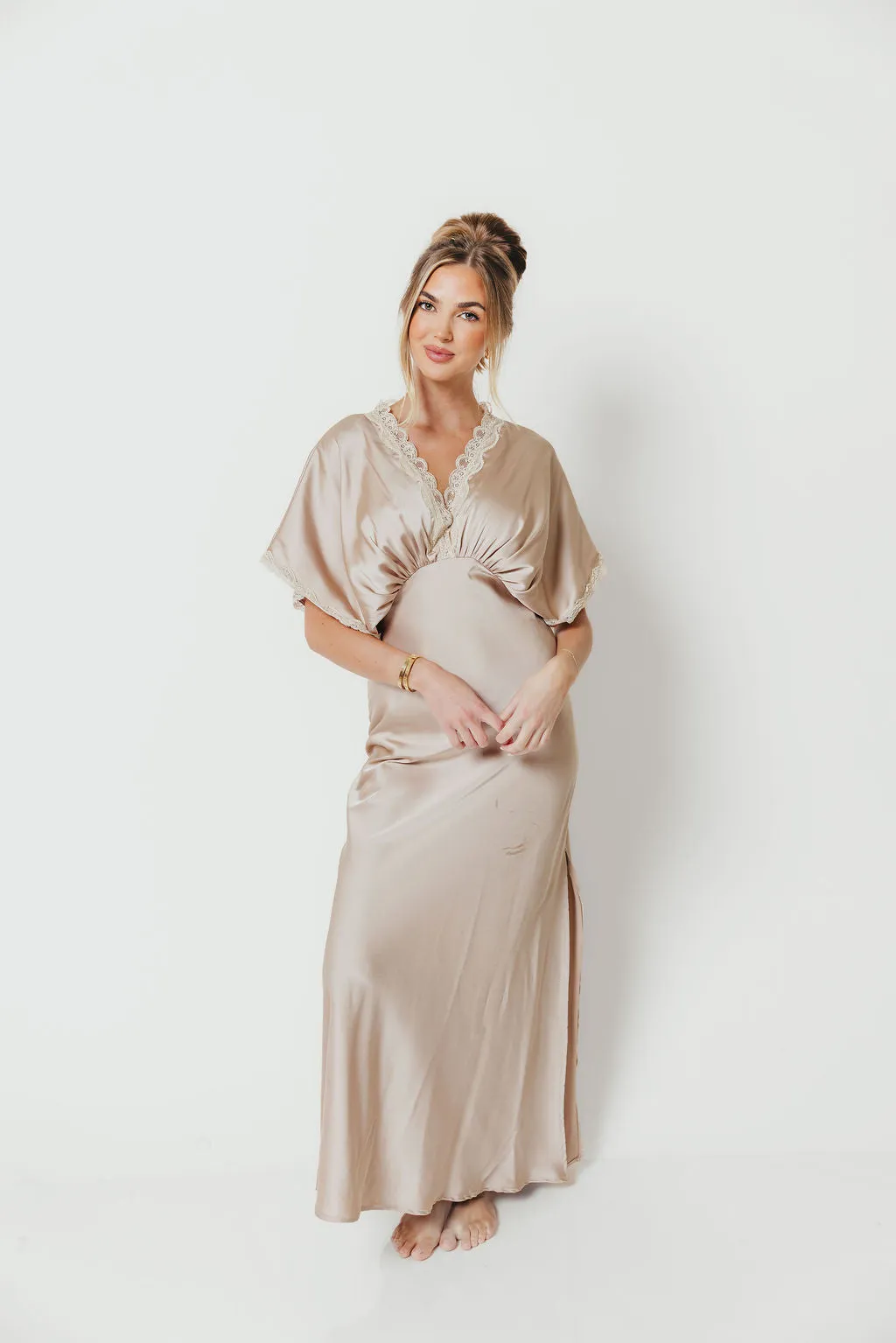 Margot Dull Satin Lace Blouson Maxi Dress in Champagne sold by Worth Collective