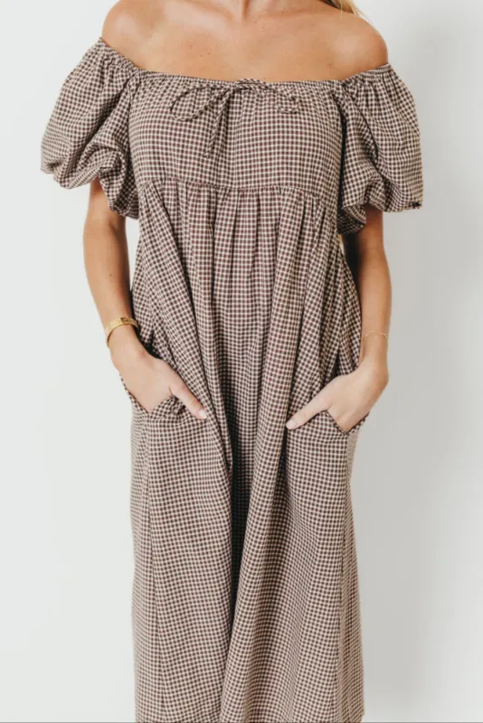 Evelyn Puff Sleeve Gingham Midi Dress in Brown sold by Worth Collective