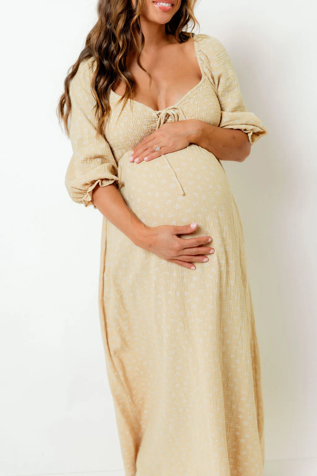 Cecilia 100% Cotton Smocked Maxi Dress in Muted Gold Foliage - Bump Friendly sold by Worth Collective product image thumbnail 4