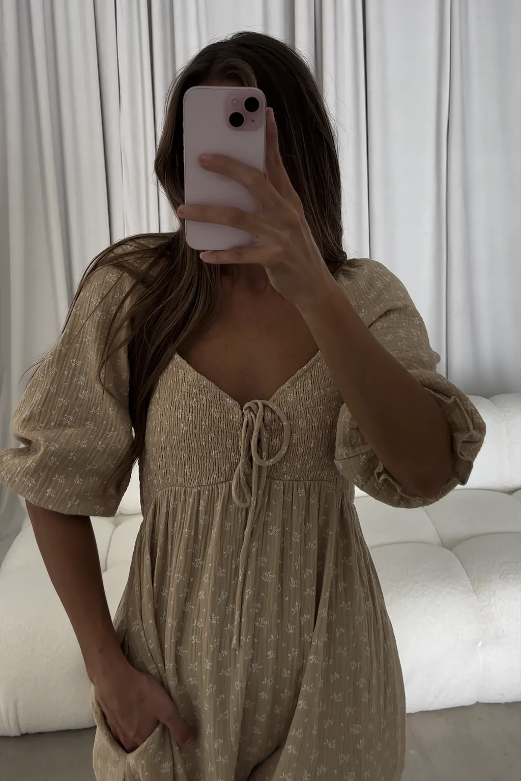 Cecilia 100% Cotton Smocked Maxi Dress in Muted Gold Foliage - Bump Friendly sold by Worth Collective product image thumbnail 5