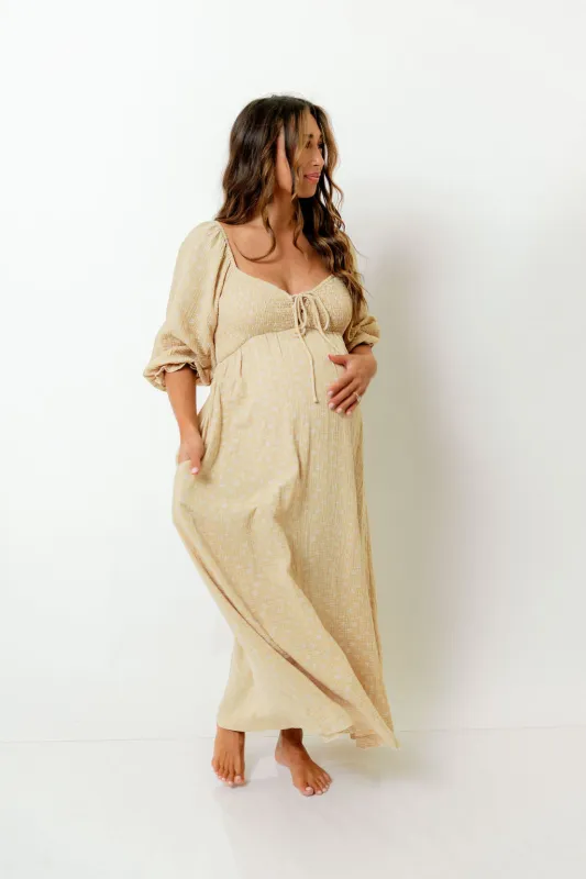Cecilia 100% Cotton Smocked Maxi Dress in Muted Gold Foliage - Bump Friendly sold by Worth Collective