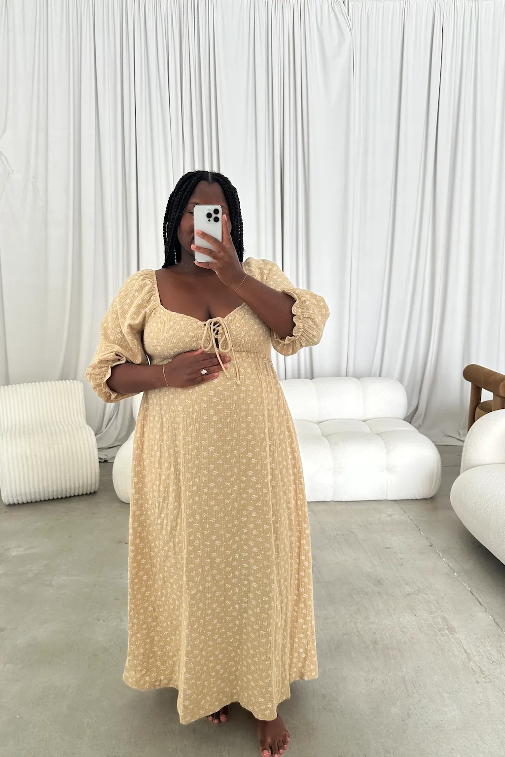 Cecilia 100% Cotton Smocked Maxi Dress in Muted Gold Foliage - Bump Friendly sold by Worth Collective product image thumbnail 3