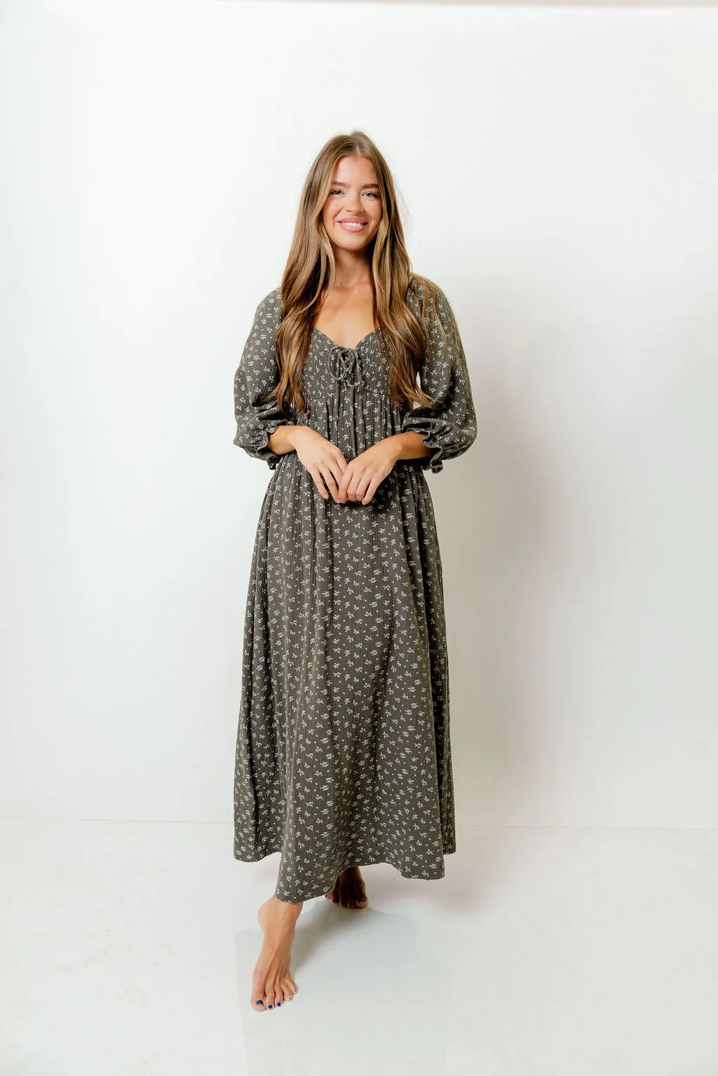 Cecilia 100% Cotton Smocked Maxi Dress in Forest Foliage - Bump Friendly sold by Worth Collective