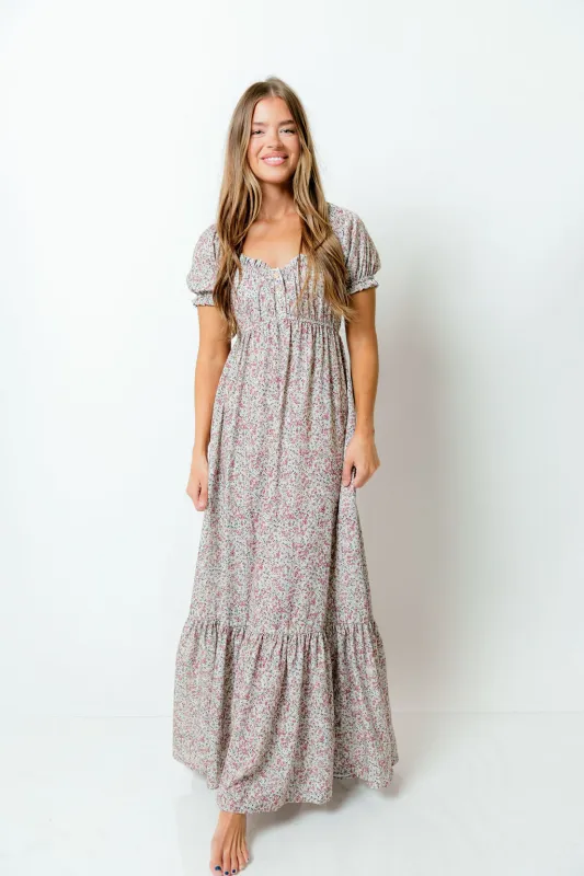 Valeria Romantic Floral Maxi Dress in Taupe sold by Worth Collective