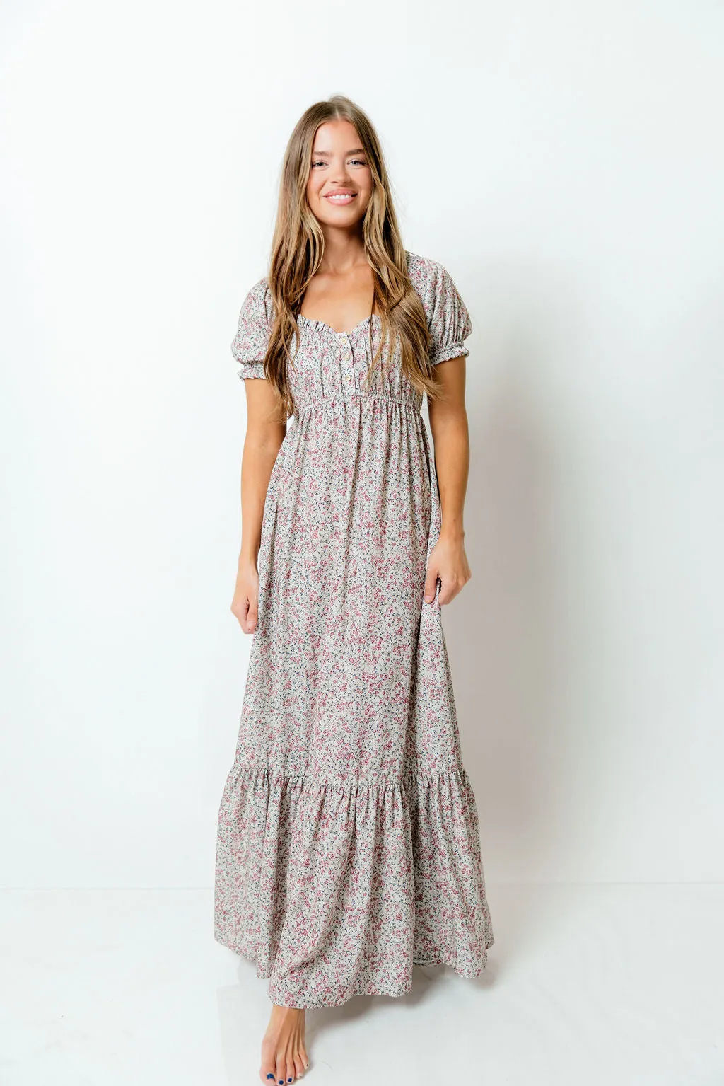 Valeria Romantic Floral Maxi Dress in Taupe sold by Worth Collective