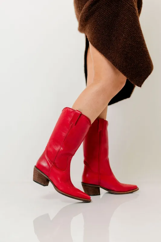 Albany Leather Boots in Red sold by Worth Collective