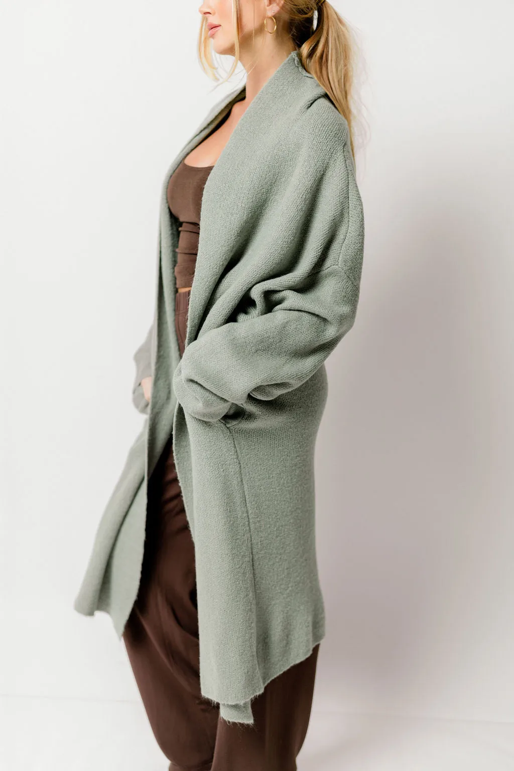 Misha Longline Open Front Duster Sweater in Sage Green sold by Worth Collective product image thumbnail 5