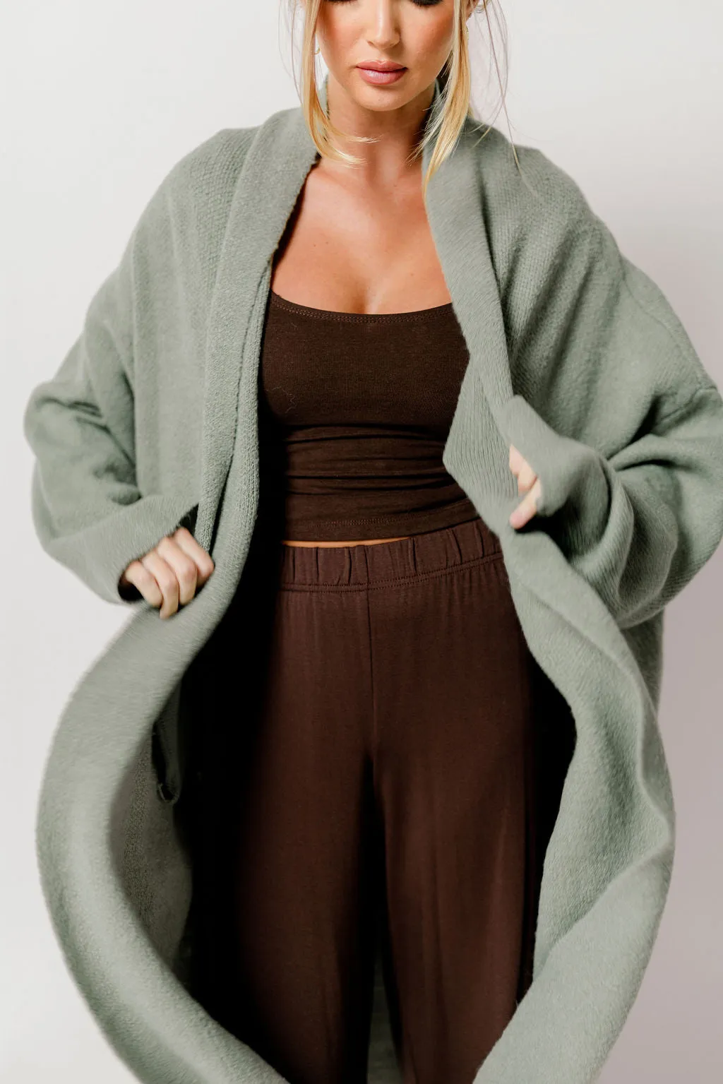 Misha Longline Open Front Duster Sweater in Sage Green sold by Worth Collective product image thumbnail 2