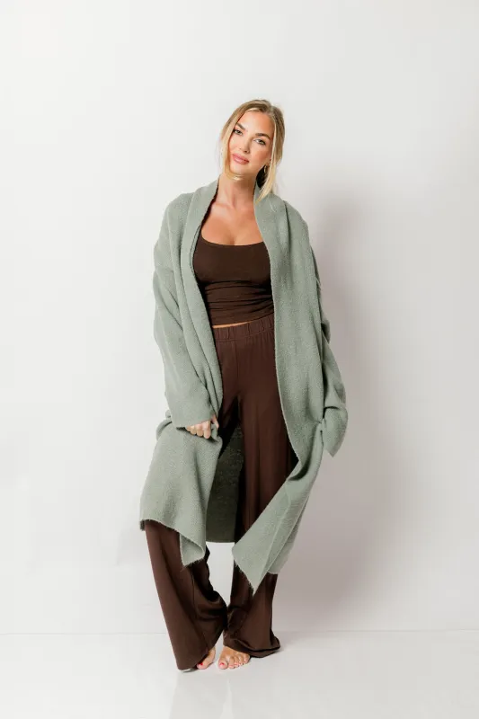 Misha Longline Open Front Duster Sweater in Sage Green sold by Worth Collective