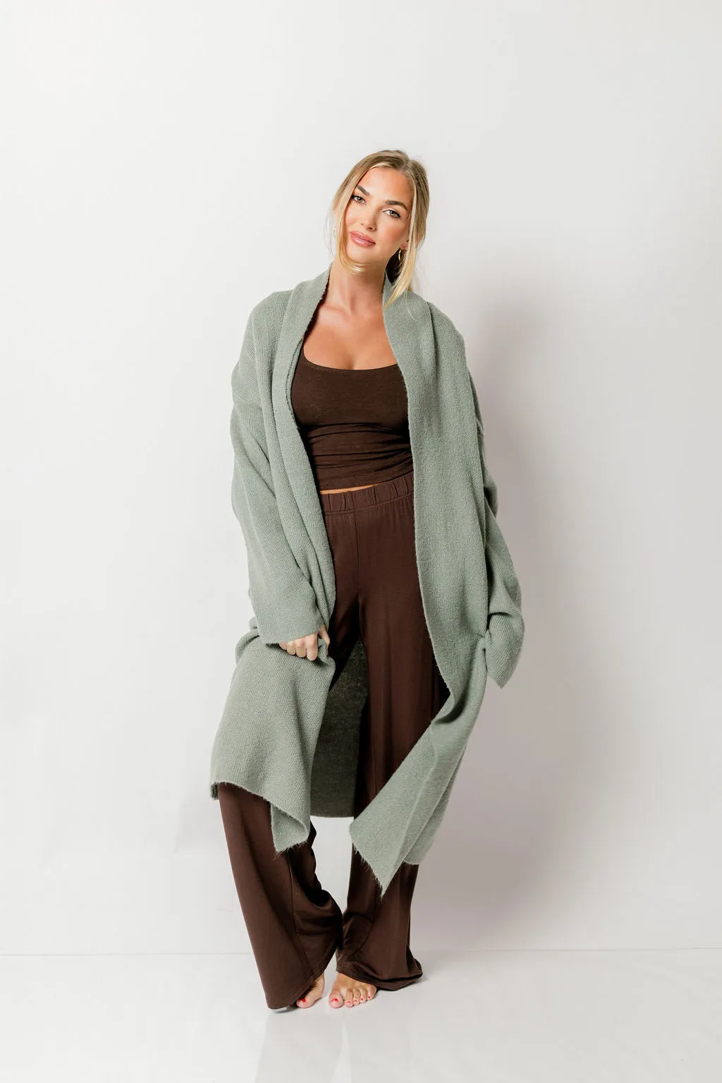 Misha Longline Open Front Duster Sweater in Sage Green sold by Worth Collective