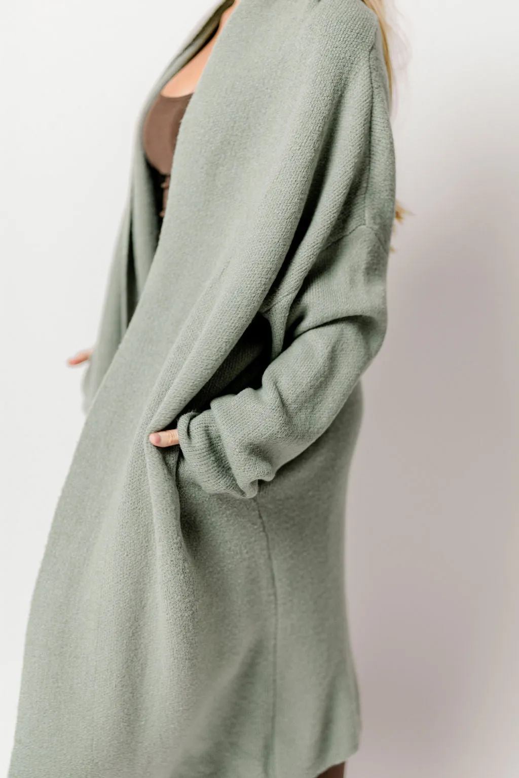 Misha Longline Open Front Duster Sweater in Sage Green sold by Worth Collective product image thumbnail 4