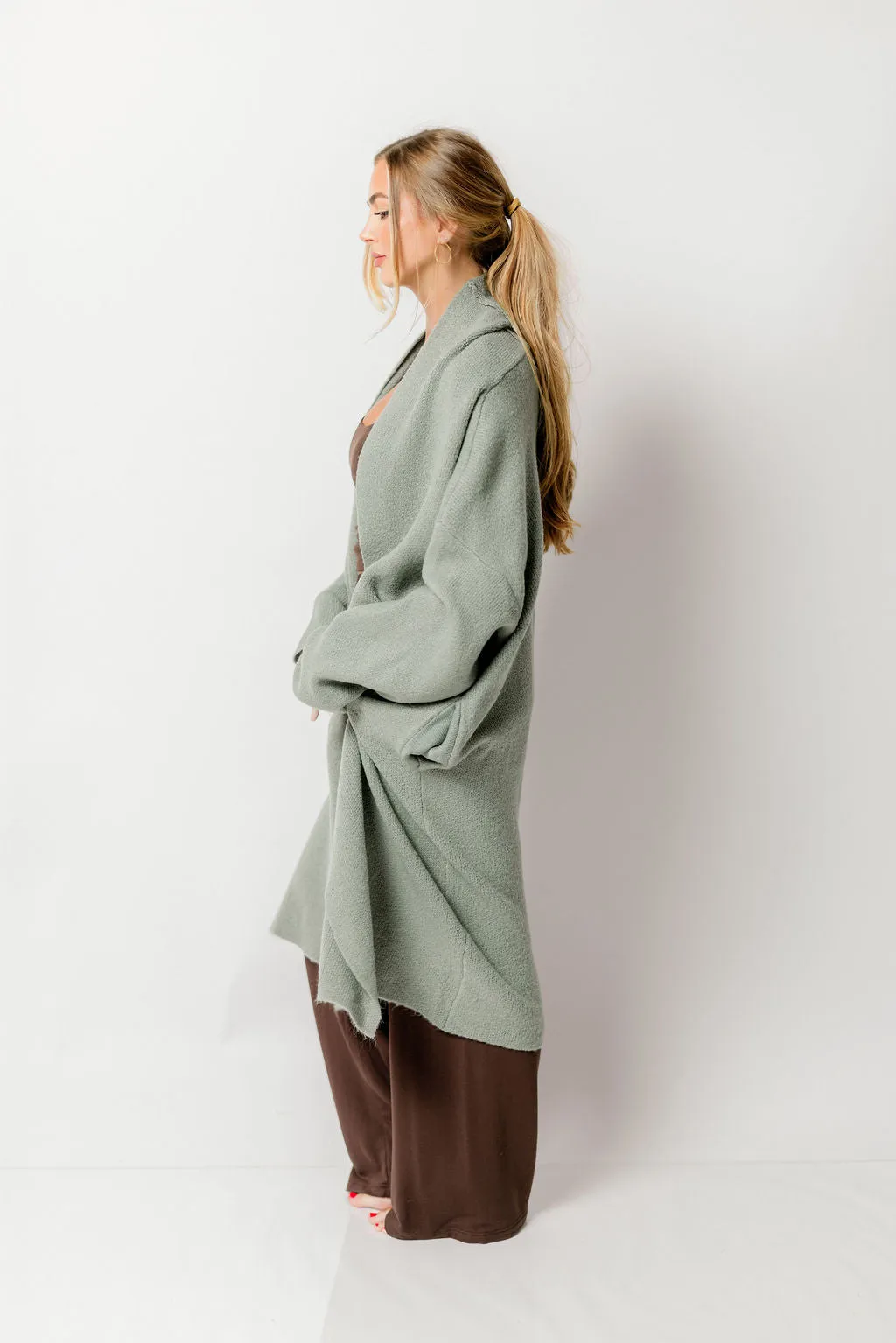 Misha Longline Open Front Duster Sweater in Sage Green sold by Worth Collective product image thumbnail 3