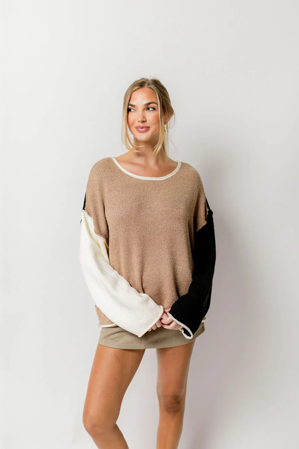 Kit Colorblock Knit Rolled-Edge Sweater in Taupe/Black *Final Sale* sold by Worth Collective