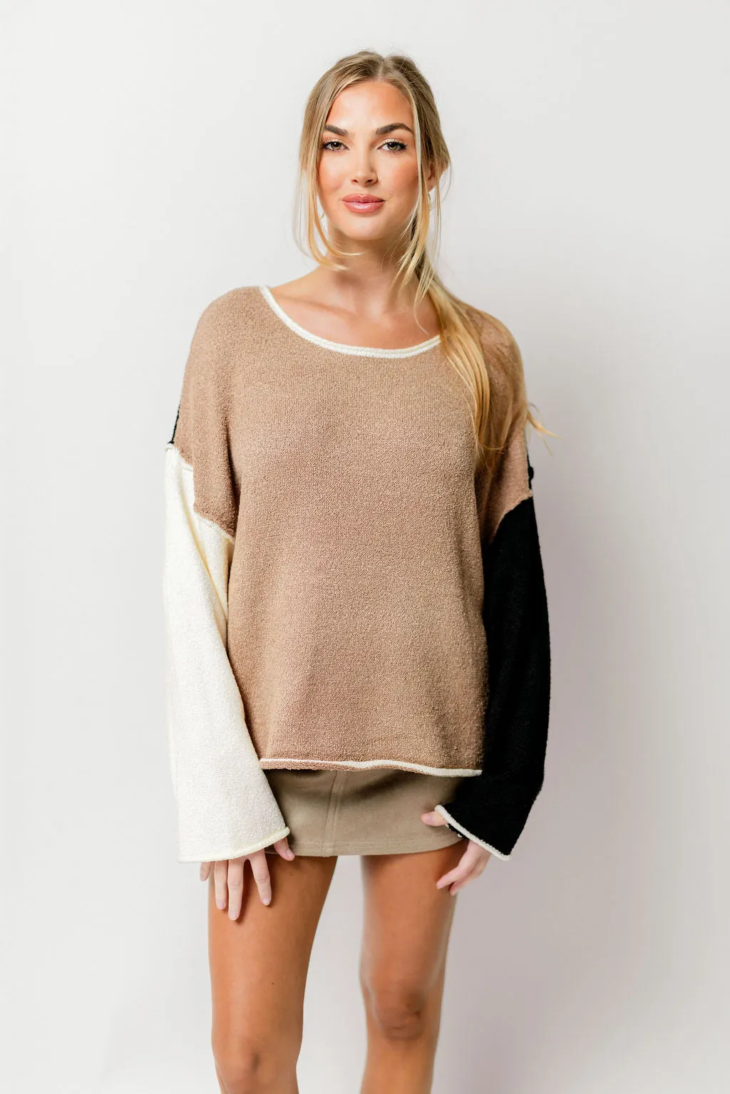 Kit Colorblock Knit Rolled-Edge Sweater in Taupe/Black *Final Sale* sold by Worth Collective product image thumbnail 4
