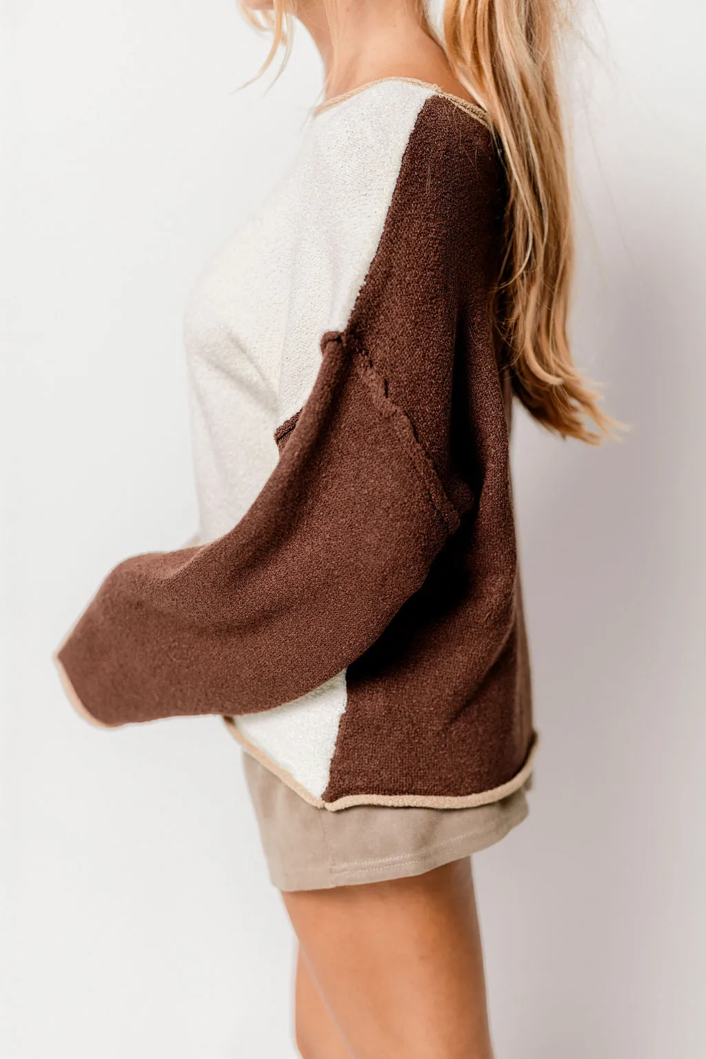 Kit Colorblock Knit Rolled-Edge Sweater in Cream/Brown *Final Sale* sold by Worth Collective product image thumbnail 4