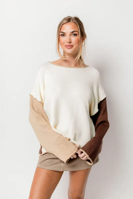 Kit Colorblock Knit Rolled-Edge Sweater in Cream/Brown *Final Sale* made by Promesa