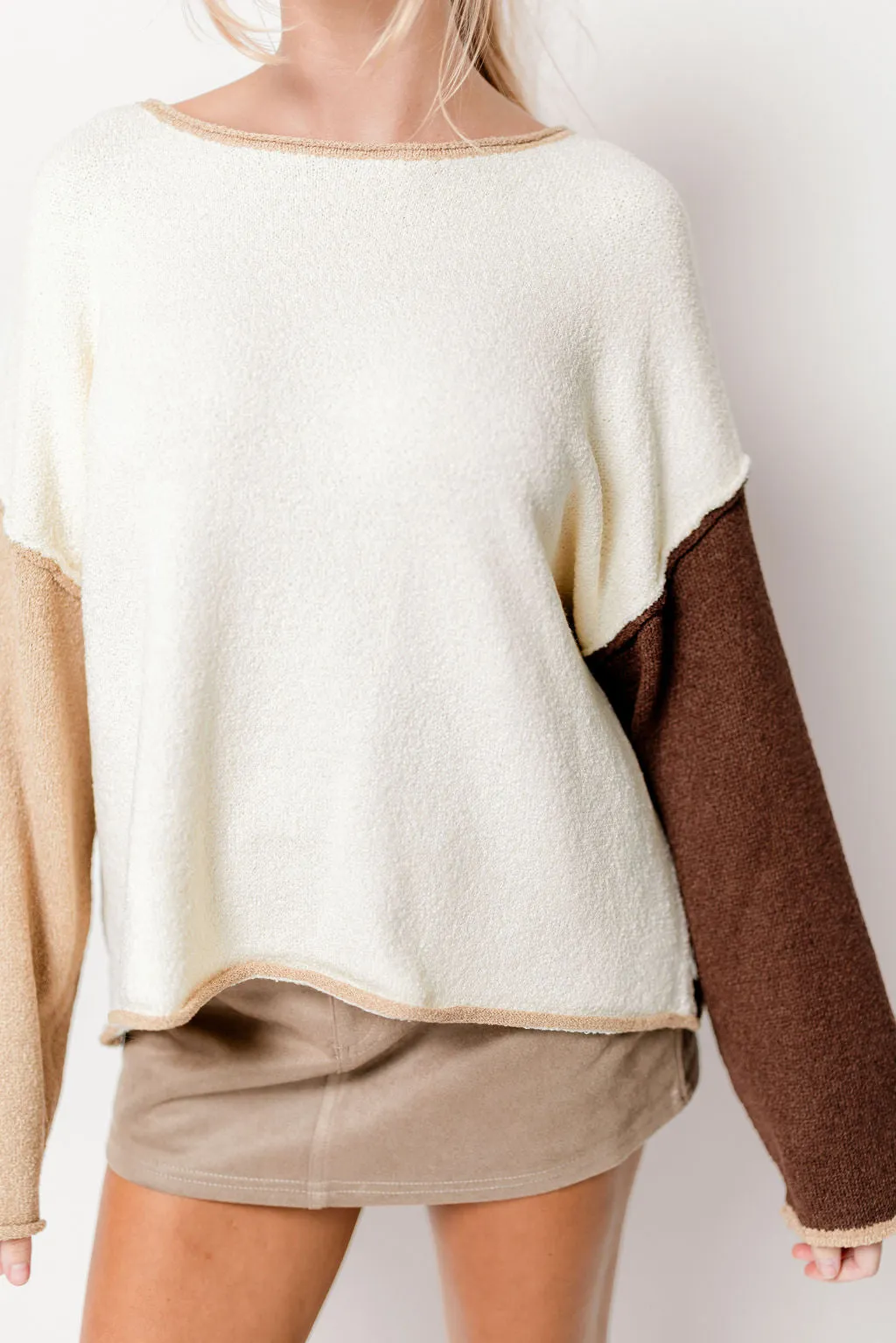 Kit Colorblock Knit Rolled-Edge Sweater in Cream/Brown *Final Sale* sold by Worth Collective product image thumbnail 3