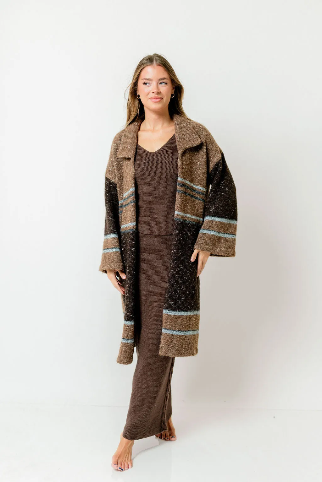 Gloria Striped Confetti-Knit Duster Cardigan in Taupe *Final Sale* sold by Worth Collective
