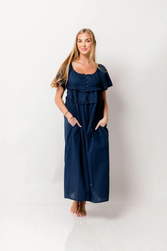 Tawny Long Smocked Cotton & Linen Midi Dress in Navy sold by Worth Collective