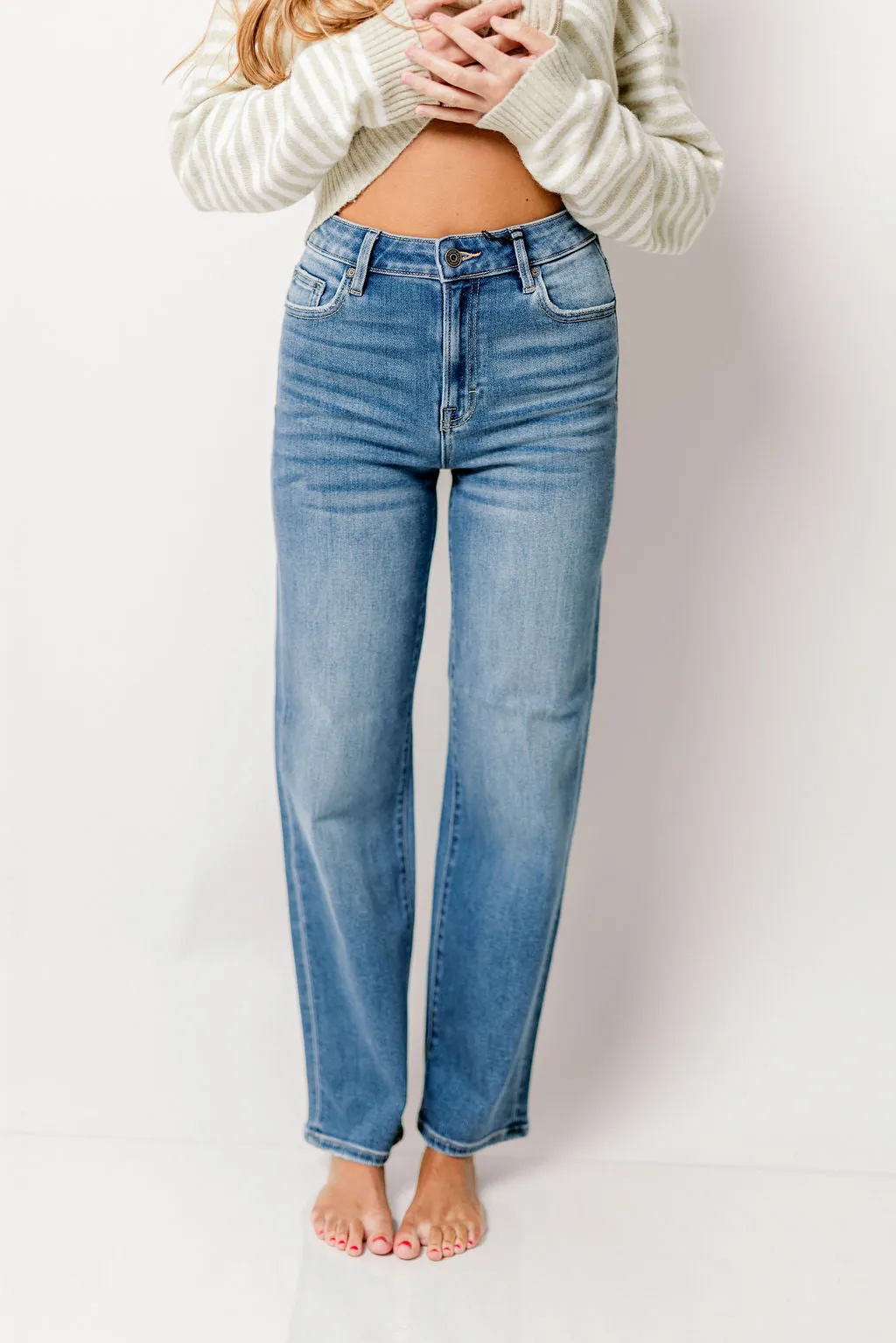 Tracey High Rise Straight Jean with 30” Inseam in Medium Dark sold by Worth Collective