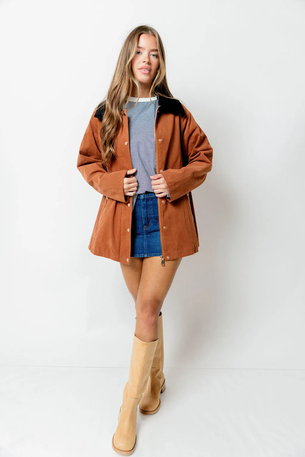 Tania Cotton Barn Jacket in Cognac sold by Worth Collective