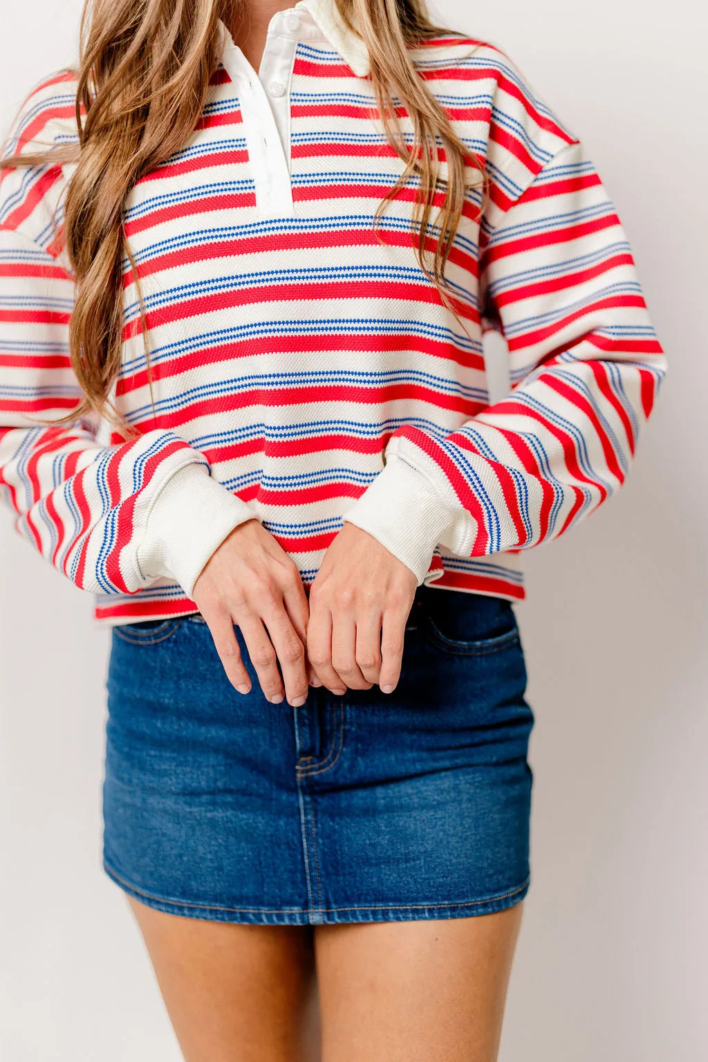 Wesley Rugby Stripe Cropped Polo Shirt in Red sold by Worth Collective product image thumbnail 4