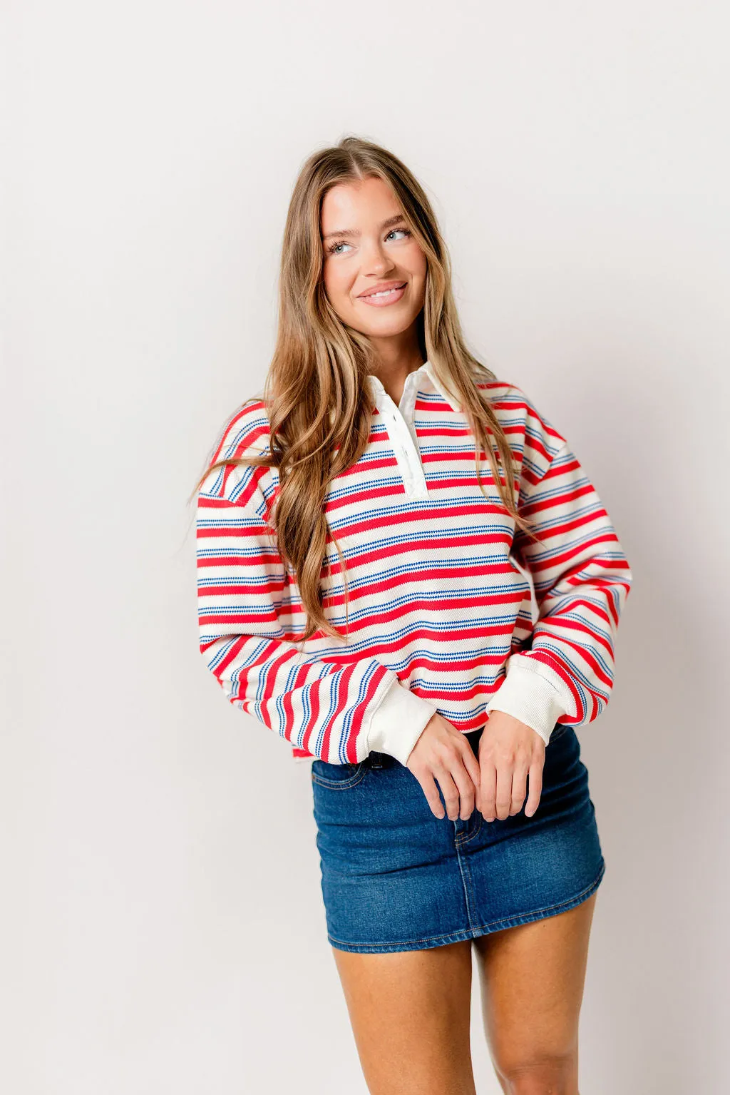 Wesley Rugby Stripe Cropped Polo Shirt in Red sold by Worth Collective product image thumbnail 5