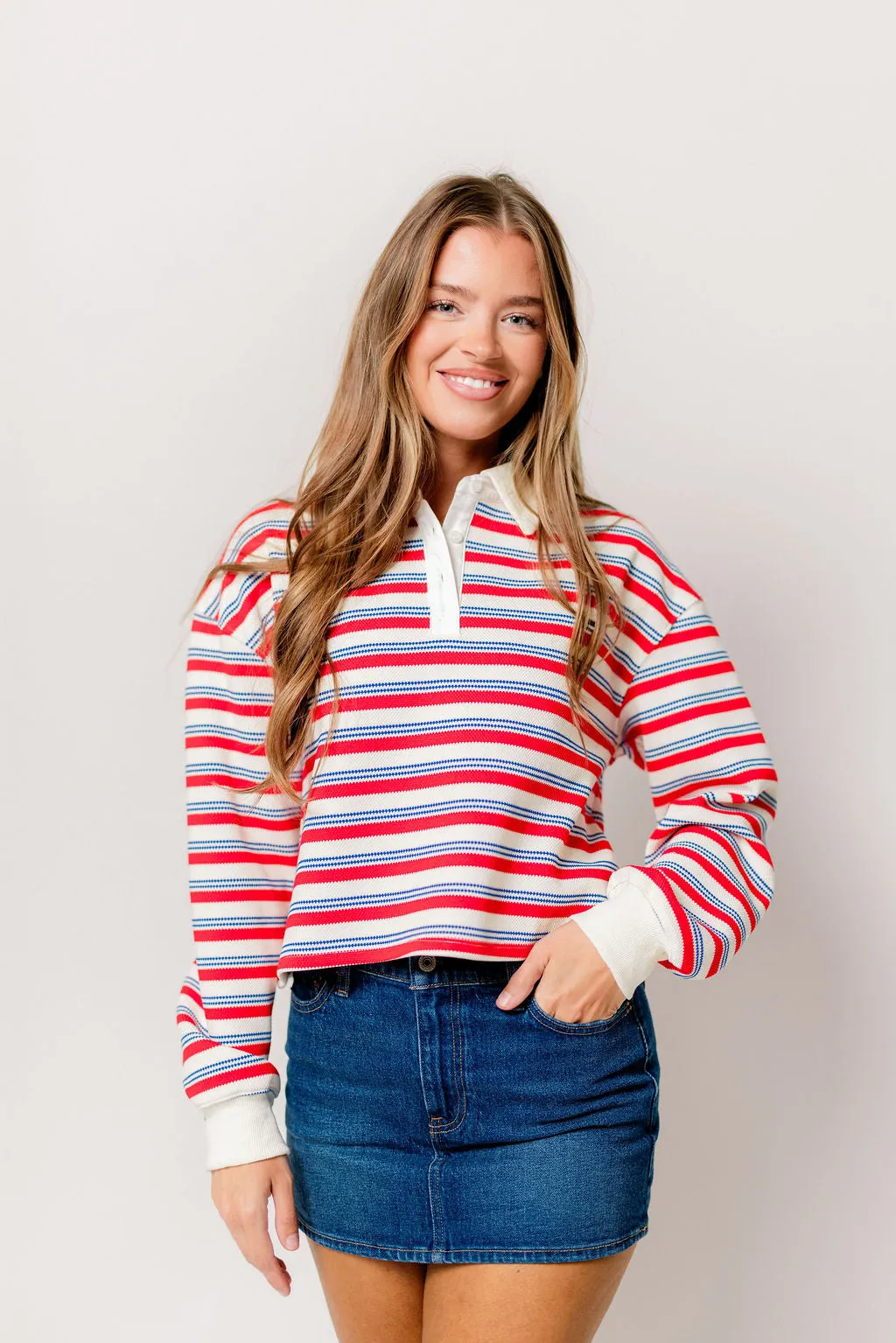 Wesley Rugby Stripe Cropped Polo Shirt in Red sold by Worth Collective product image thumbnail 2