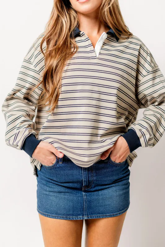 Frankie Striped Collared Long Sleeve Top in Taupe/Navy sold by Worth Collective