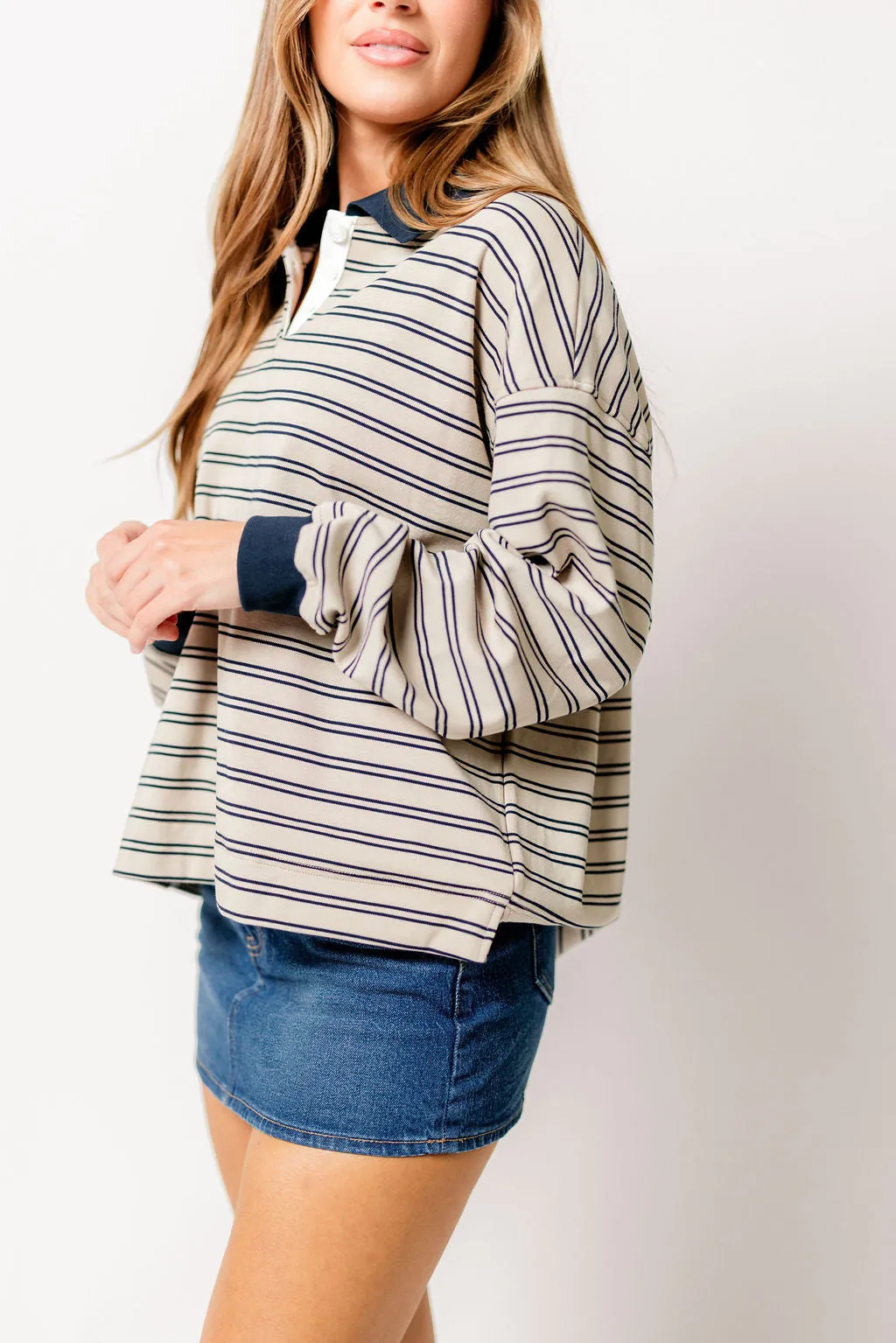 Frankie Striped Collared Long Sleeve Top in Taupe/Navy sold by Worth Collective product image thumbnail 2