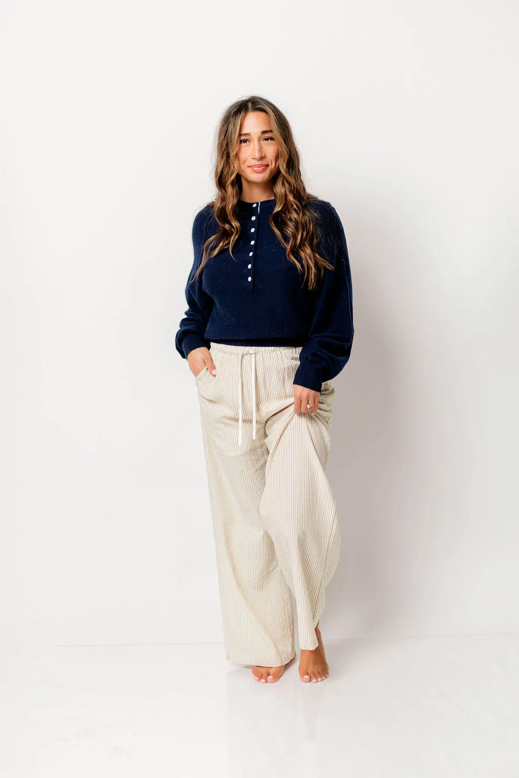 Cal Drawstring Waist Striped Pants in Taupe Multi *Final Sale* sold by Worth Collective
