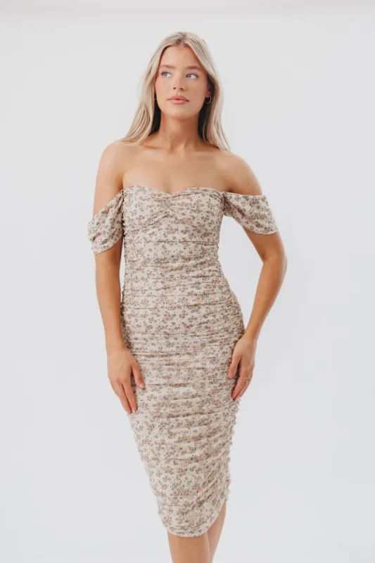 Lilliana Ruched Midi Dress in Vanilla Floral sold by Worth Collective