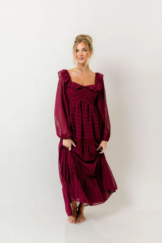 Sabrina Ruffle Trim Tiered Maxi Dress in Wine sold by Worth Collective
