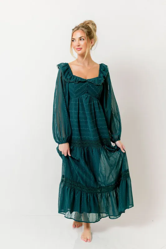 Sabrina Ruffle Trim Tiered Maxi Dress in Deep Green sold by Worth Collective