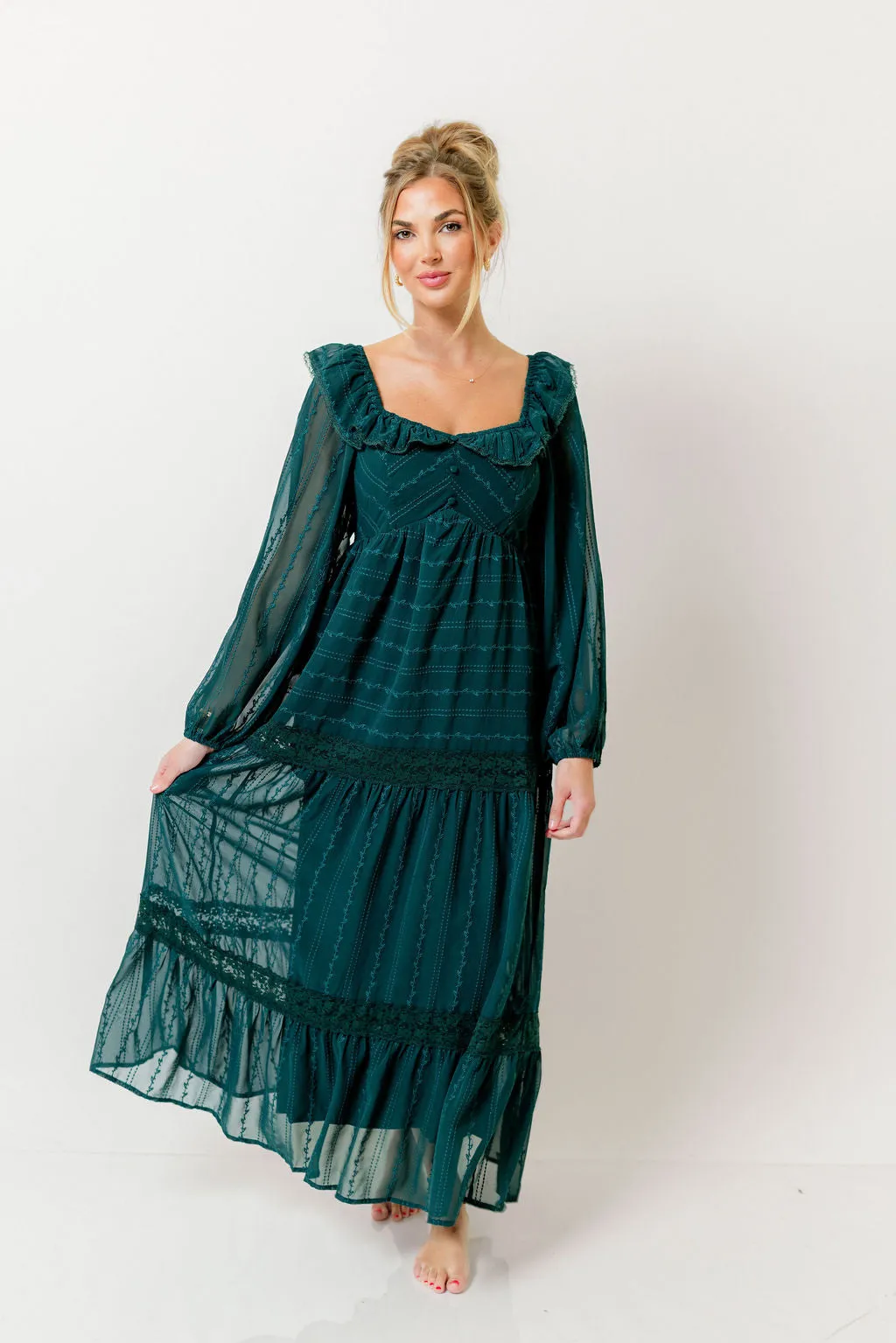 Sabrina Ruffle Trim Tiered Maxi Dress in Deep Green sold by Worth Collective product image thumbnail 2